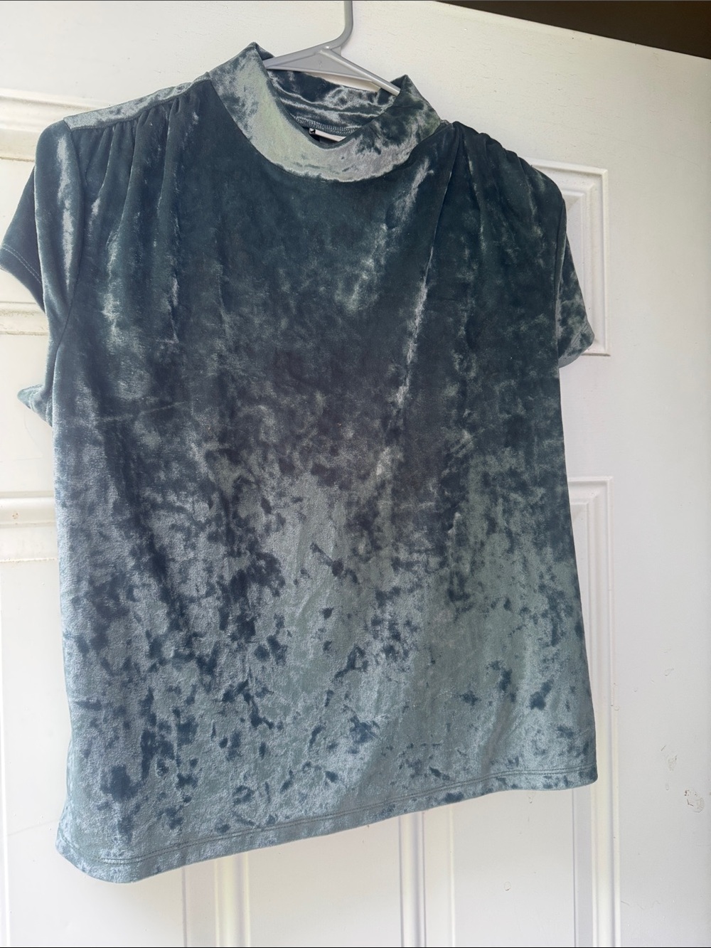 a new day Crushed Velvet Mock Neck Short Sleeve Top in Dusty Teal